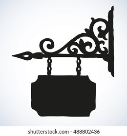 Road store advice render publicity old-fashioned curl forged shield plaque label bulletin for ad note text name design. Black ink drawn icon sketch in art revival style pen on paper space backdrop 