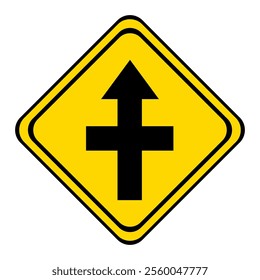 the road straight with adjoining cul-de-sac. warning road sign on a yellow and black board in the shape of a rhombus.