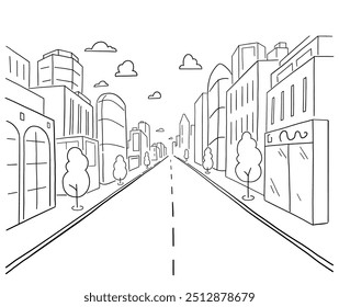 Rua da estrada na cidade. Esboço desenhado à mão. Ilustração vetorial.
