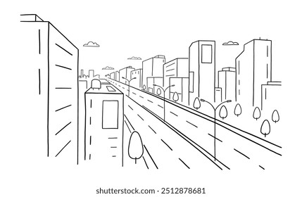 Road street in the city. Hand-Drawn Sketch. Vector illustration.