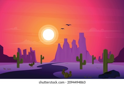 Road Street Desert Country Cactus Travel Vector Flat Design Illustration