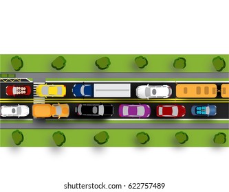 Road, street or highway with complex traffic. The transit jam. Different machines. Shadows from cars and trees. Isolated on white background. Vector illustration