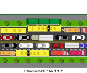 Road, street or highway with complex traffic. The transit jam. Different machines. Isolated on white background. Vector illustration