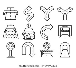 road and street icons set vector line illustration