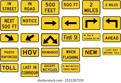 Coleção de placas de estrada e rua com marcadores de distância, setas direcionais, avisos de pedágio e avisos de tráfego de bicicleta. Sinalização rodoviária nos Estados Unidos.