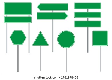 Road street sign. Blank green pointer. Signboard showing direction. Vector image.