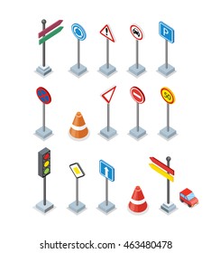 Road and street signs set isolated. Collection of road rule signs. Symbols for traffic regulation. Warnings billboards icons. Board design. Part of series of city isometric. Vector illustration