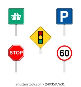 Road street signs for vehicles on white background