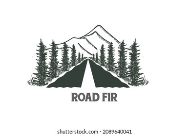 Road Street Way with Mountain Pine Evergreen Fir Conifer Cypress Larch Trees Forest Logo Design Vector