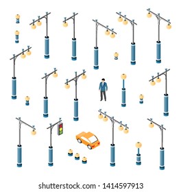 The road streetlight set with lanterns and urban lighting of downtown in the town of the city. Isometric cityscape vector modern urban background