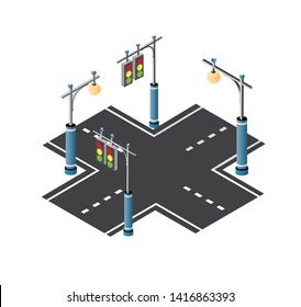 The road streetlight traffic signs set with lanterns and urban lighting, crossroad intersection road street of downtown in the town of the city. Isometric cityscape vector modern urban game background