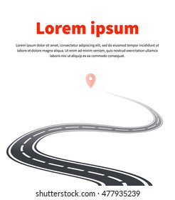 The road stretches into the distance, flat illustration with text template