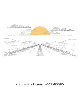 Road stretches into the distance under a bright sun and cloudy sky
