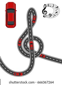 The road is stylized in the form of a treble clef. Red car. Music on the road. Volumetric drawing without a mesh and a gradient. Isolated. Vector illustration