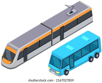 Road and subway vehicle to carry passengers. Blue bus and long train for transporting people around town. Vehicle, urban public transport. Autobus and metro train for transportation in city