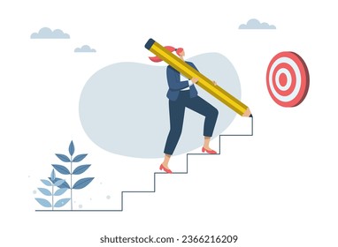 Road to success, business goals or future success, efforts to develop a business concept, Businesswoman uses a pencil draw a ladder and walk up to the goal. Vector design illustration.