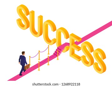 Road to success. Business Strategy Concept. Businessman with briefcase in hand walking on red carpet to the success. Strategy and solutions for business leadership. Creative Idea. Vector Illustration.