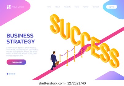 Road to success. Business Strategy Concept. Businessman with briefcase in hand walking on red carpet to the success. Strategy and solutions for business leadership. Creative Idea. Vector Illustration.
