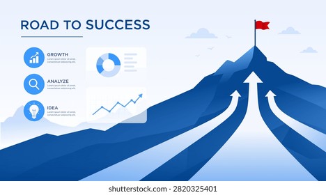 Road to success concept with arrows leading to a mountain summit up to a red flag on a mountain peak. symbolizing business success. Modern flat design, Vector illustration for business banner, presentation template