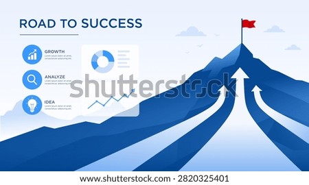 Road to success concept with arrows leading to a mountain summit up to a red flag on a mountain peak. symbolizing business success. Modern flat design, Vector illustration for business banner, presentation template