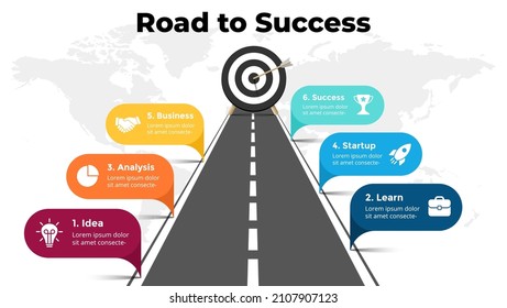 Road to success infographic. Business presentation slide template. Roadmap timeline. World map. Arrow hit the target. Goal diagram. Chart with 6 steps, options, processes. 