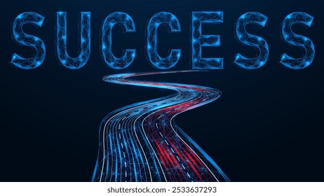 The road to success. Polygonal design of interconnected lines and dots. Blue background.