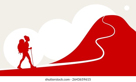  estrada para o sucesso, mulher caminhando para o pico da montanha - ilustração minimalista com espaço de cópia, modelo de banner