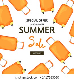 Road suitcases and lettering template about summer discounts and sales.