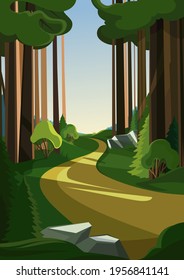 Road in summer forest. Nature landscape in vertical orientation.