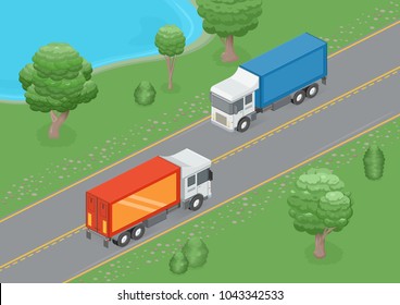 Road in summer. Two trucks with containers move on highway. Isometric view. Vector illustration.