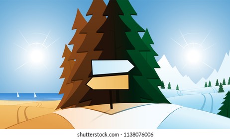 Road and Summer or Winter Vacation Destination and Direction Signs