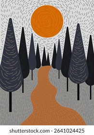 Road to the sun among tall trees in forest or park drawn by hand. Vector.