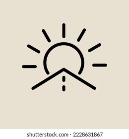 Road and sun logo, line black and white icon. Travel symbol
