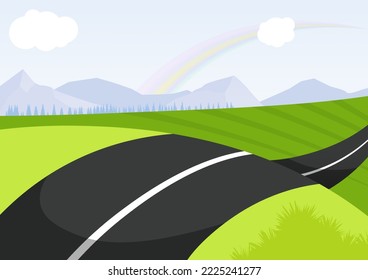 Camino con sol y arco iris detrás de las montañas