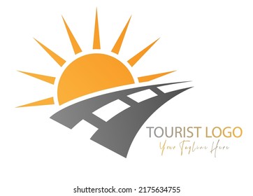The road and the sun. Vector template of an icon, logo, sticker or brand. Flat style