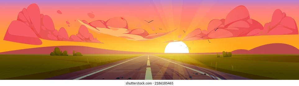 Road at sunset perspective view, summer nature landscape with sun behind the hills, orange sky with red fluffy clouds. Empty asphalted highway going along green fields, Cartoon vector illustration