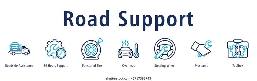 Road Support web banner icon vector illustration with icons of Roadside Assistance, 24 Hours Support, Punctured Tire, Overheat, Steering Wheel, Mechanic and Toolbox.