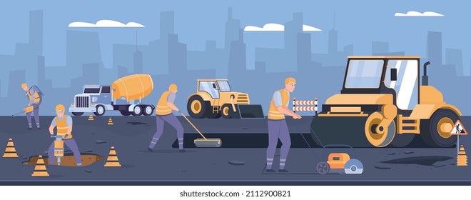 Road surface background with pavement repair technology symbols flat vector illustration
