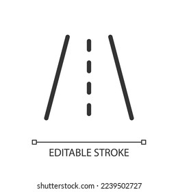 Road surface pixel perfect linear ui icon. Roadway markings. Highway. Interstate route. GUI, UX design. Outline isolated user interface element for app and web. Editable stroke. Arial font used