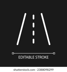 Road surface pixel perfect white linear ui icon for dark theme. Roadway markings. Vector line pictogram. Isolated user interface symbol for night mode. Editable stroke. Arial font used