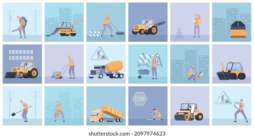Road surface square set with pavement repair symbols flat isolated vector illustration