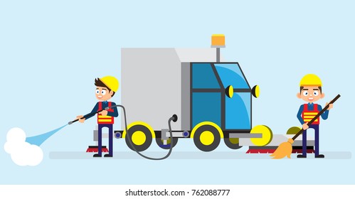 Road sweeper worker cleaning city  market street with broom tool