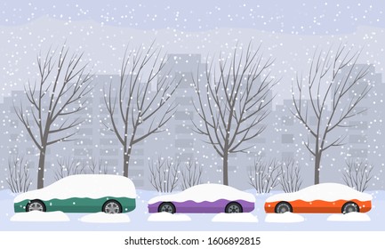 The Road Swept Through The City After Heavy Snow And Hail. Parked Cars On The Street In Snowdrifts And Snow. Snow Disaster. Flat Vector Illustration