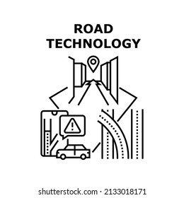 Road Technology Vector Icon Concept. Gps Navigation And Digital Map Device Road Technology For Traveling In Car. Automobile Highway And Roadway With Innovative System Black Illustration