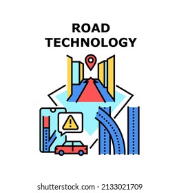 Road Technology Vector Icon Concept. Gps Navigation And Digital Map Device Road Technology For Traveling In Car. Automobile Highway And Roadway With Innovative System Color Illustration