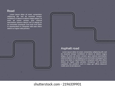 Straßenvorlage. Hohe Sicht. Fahren Sie die Asphaltstraße ein. Windweg oder Route. Infografik-Design mit Platz für Text. Vektorgrafik. 