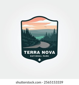 road in terra nova national park logo vector illustration design, canada nature outdoor travel logo