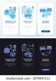 Road test services dark, light onboarding mobile app page screen. Walkthrough 3 steps graphic instructions with concepts. UI, UX, GUI vector template with linear night and day mode illustrations