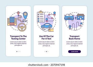 Road test services onboarding mobile app page screen. Driving school offers walkthrough 3 steps graphic instructions with concepts. UI, UX, GUI vector template with linear color illustrations