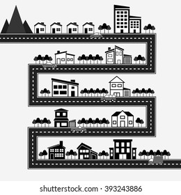 Road that runs through the small town. Flat vector illustration.